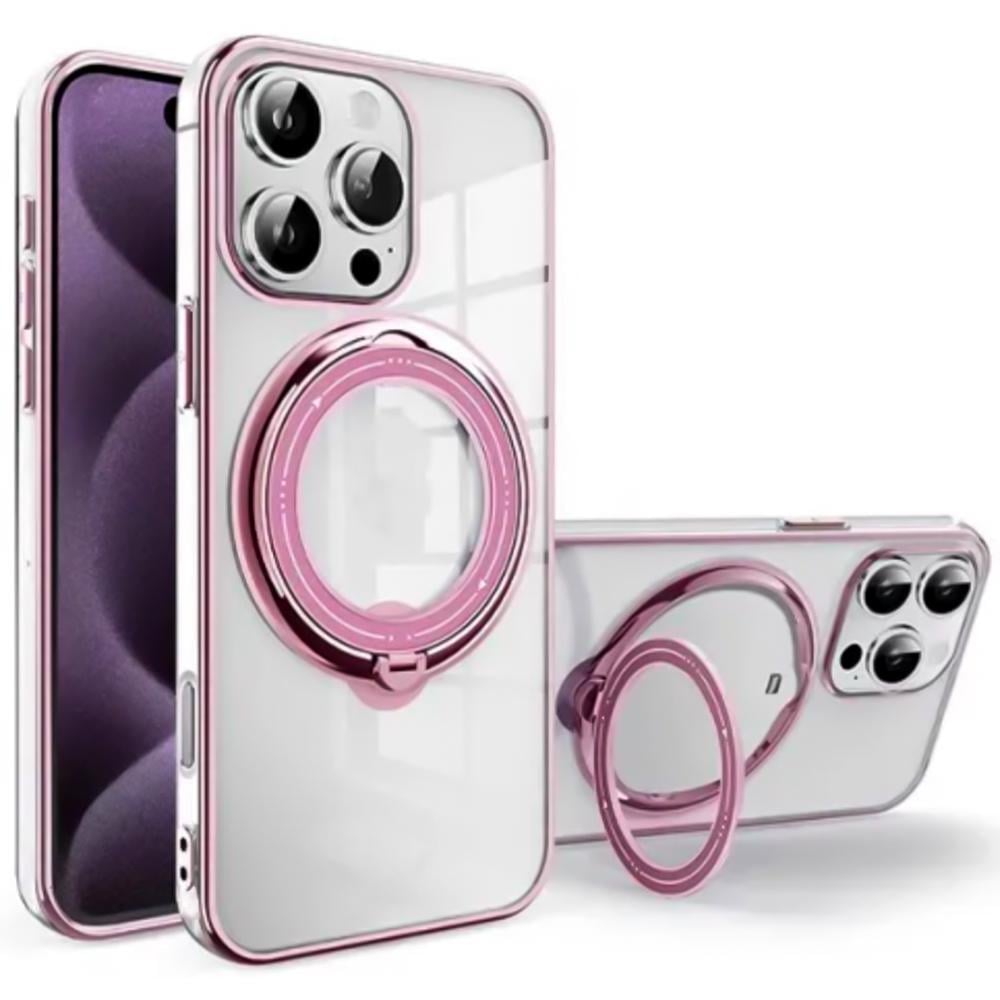 Силиконовый чехол накладка Clear Case для iPhone 16 Pro Max с металлическим кольцом - держателем Розовый