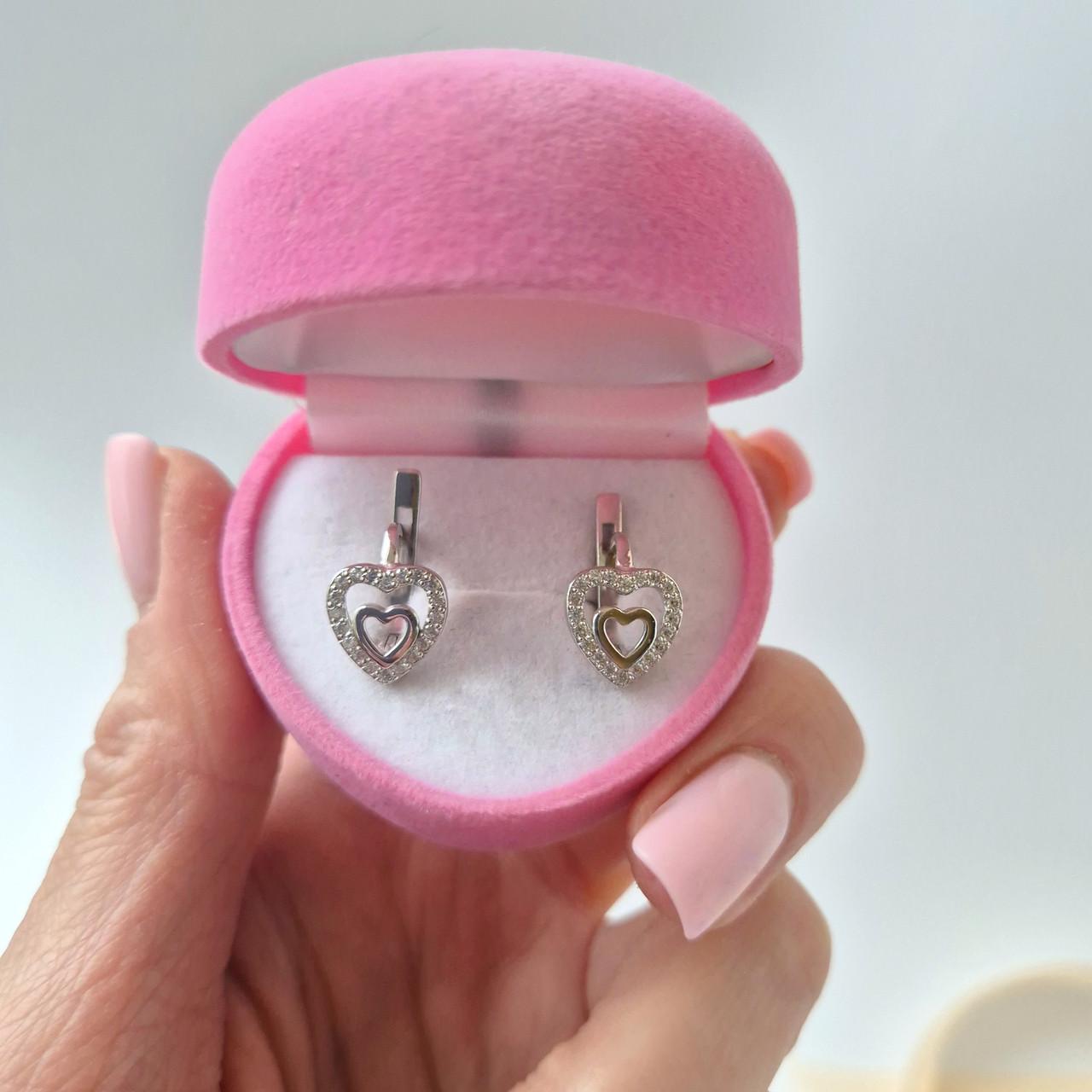 Сережки серце в білих каменях срібло 925 проби родоване 2,70 г (5212р) - фото 2