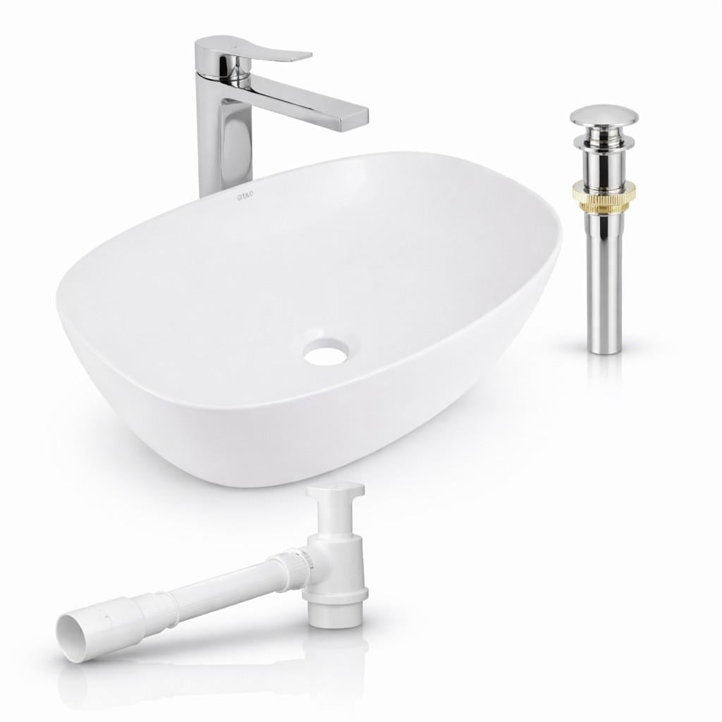 Комплект Qtap Cardinal 500×380 White накладна раковина/змішувач Arvin Chrome/донний клапан PU02/сифон (48464/48639)