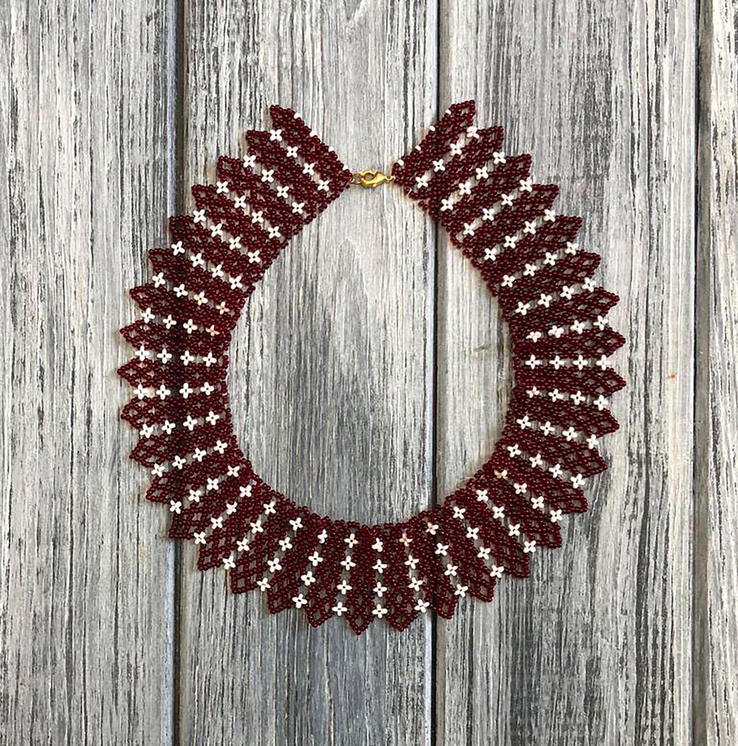 Кольє-силянка з бісеру HatynkaUA Folk Necklace в етно-стилі ручної роботи Бордовий з білим (SUN999_08)