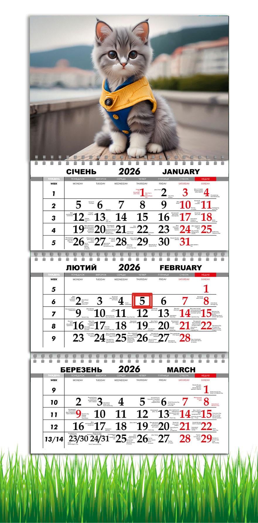 Календарь настенный квартальный на 2026 год APRIORI Серый Котик на 3 пружины 30х61 см (28859760)