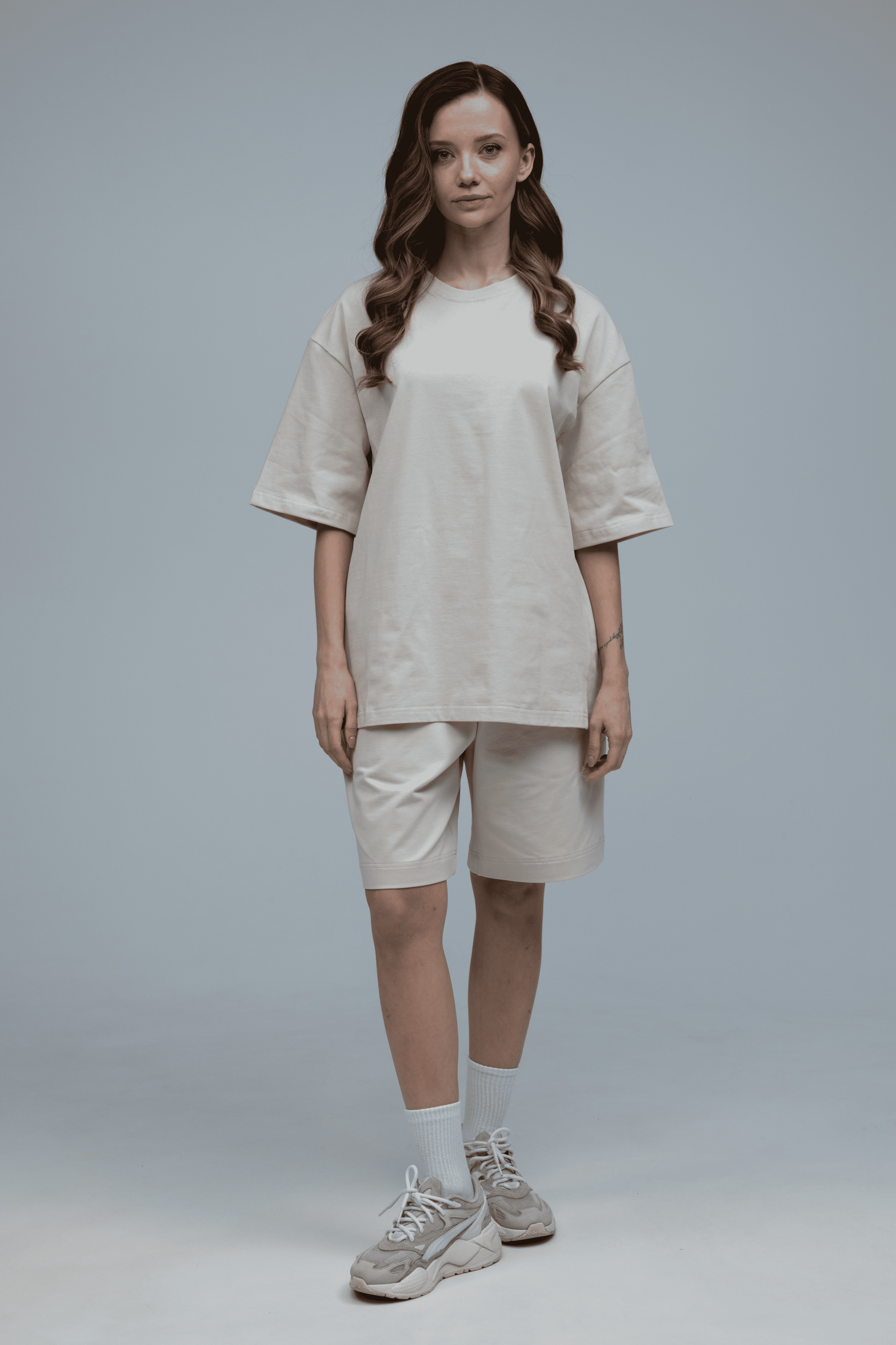 Костюм футболка и шорты Ray Basic женский оверсайз XL Бежевый (U1801W-Cream) - фото 3 Костюм футболка и шорты Ray Basic женский оверсайз XL Бежевый (U1801W-Cream) - фото 3