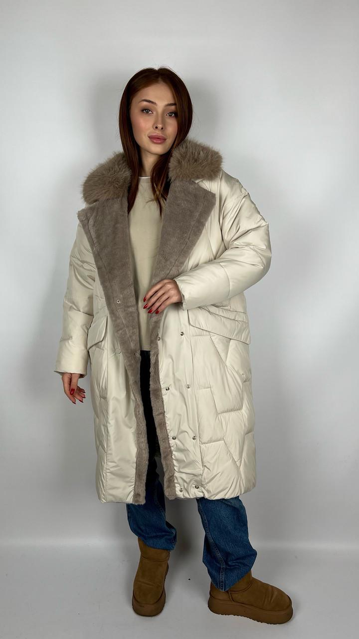 Куртка-пальто жіноча зимова р. 44 Бежевий (#9033-05) - фото 5