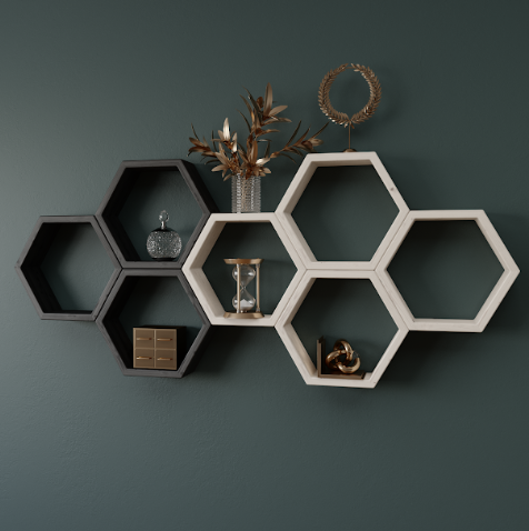 Полки соты навесные деревянные для книг/декора Черный/Белый (CA-6)