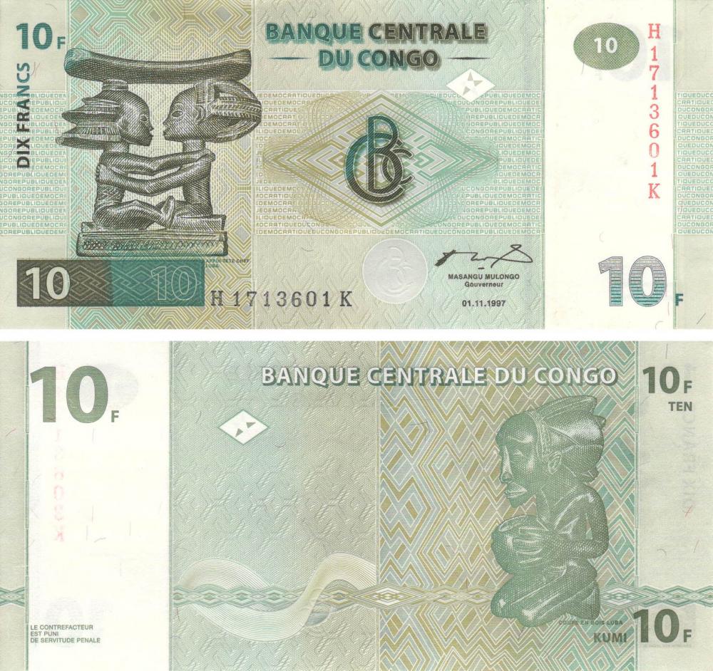 Коллекционная банкнота Демократическая республика Конго 10 франков 1997 UNC P87 (Б09279)