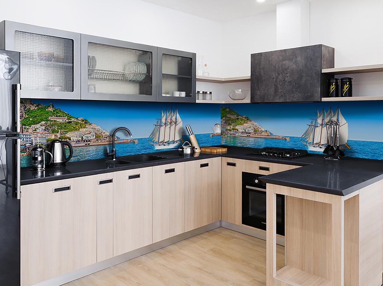 Кухонный фартук Парусник корабль из самоклеющейся виниловой пленки 60х250 см Голубой