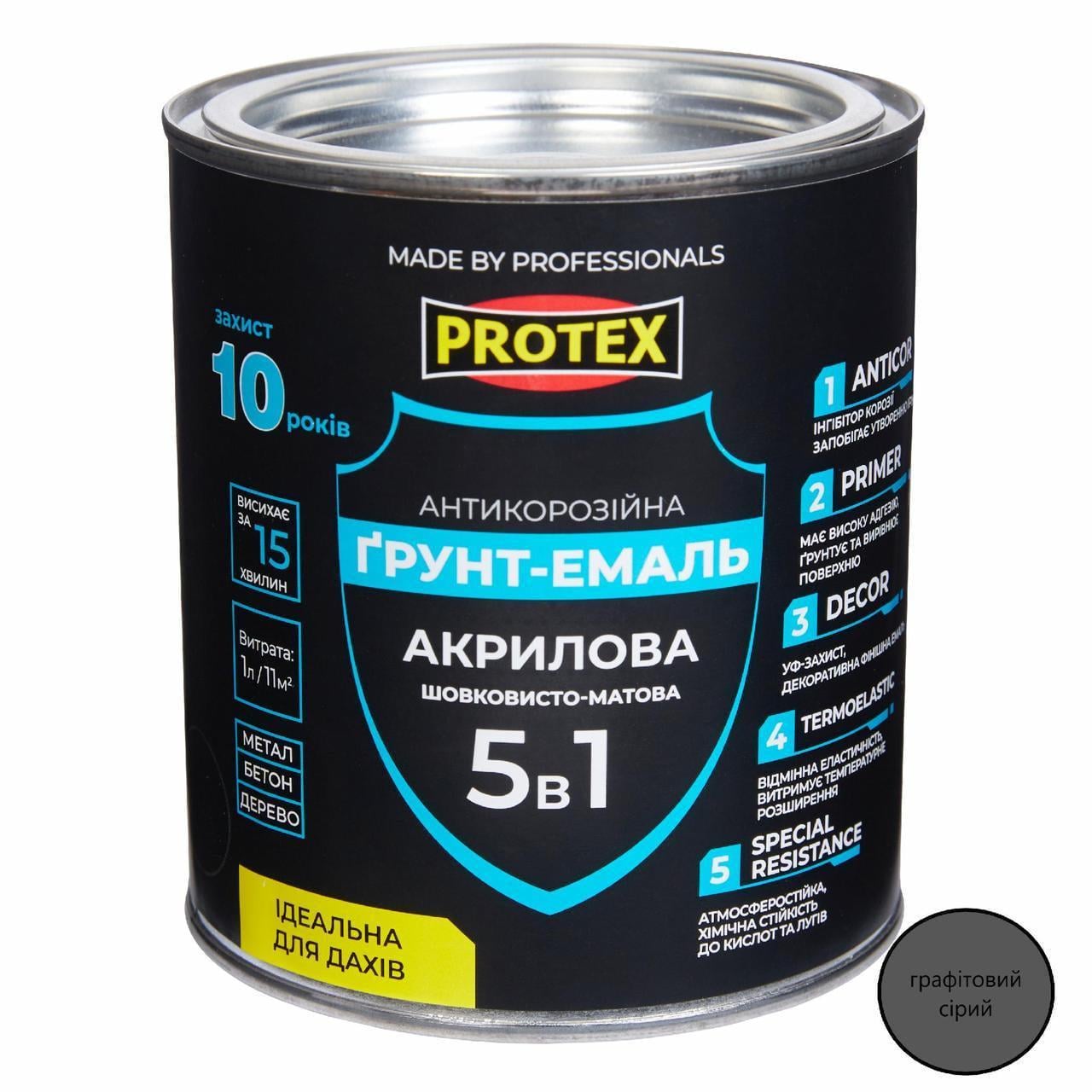 Грунт-емаль акрилова ОР антикорозійна PROTEX 5в1 0,7 кг 580 мл RAL 7024 Графітовий сірий