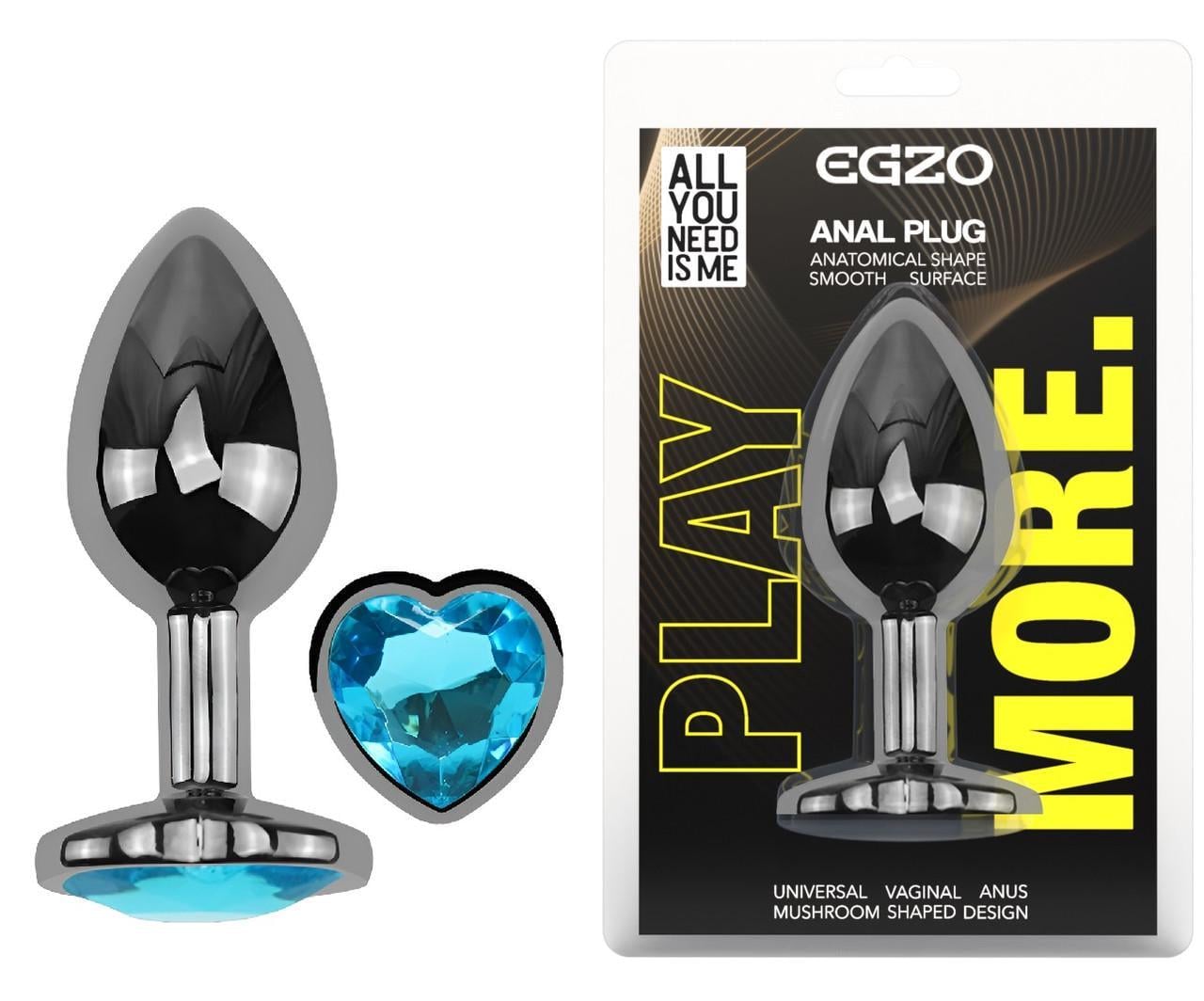 Анальная пробка с кристаллом EGZO Dark Silver Heart Plug Aqua M (2897669905)