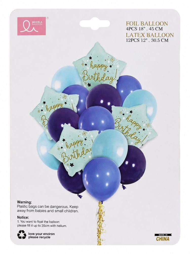 Набір з 16 кульок 4 фольгованих та 12 латексних Happy birthday Блакитний