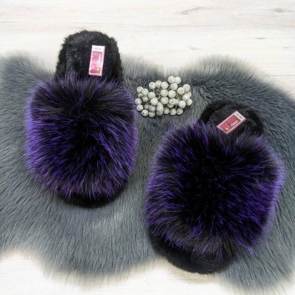 Тапочки хутряні пухнасті жіночі Fangre р. 40/41 Чорний з фіолетовим (1018-40/41)