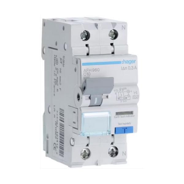 Дифавтомат Hager 2 полюса 6kA тип C 10A 300mA тип HI AFH960 (74351)