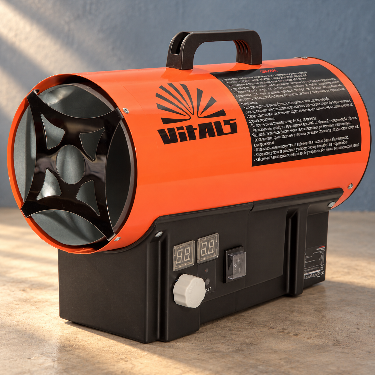 Газова гармата Vitals GH-154t 15 кВт до 150 м² 1,09 кг/год 60 дБ пропан бутан термостат газовий шланг і редуктор у комплекті