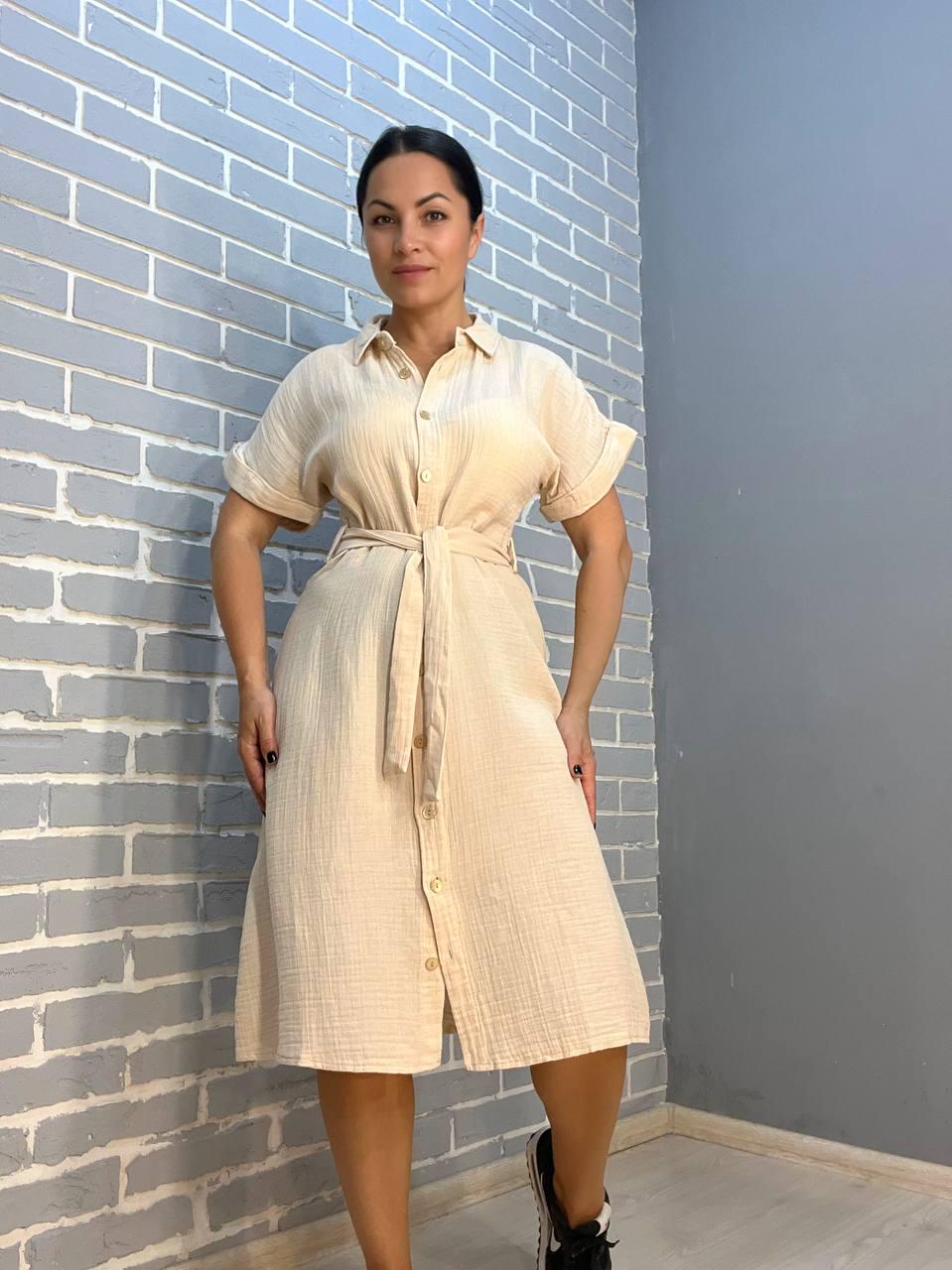 Платье женское MIX RAY 3972 из муслина на пуговицах с поясом L Бежевый (2380)