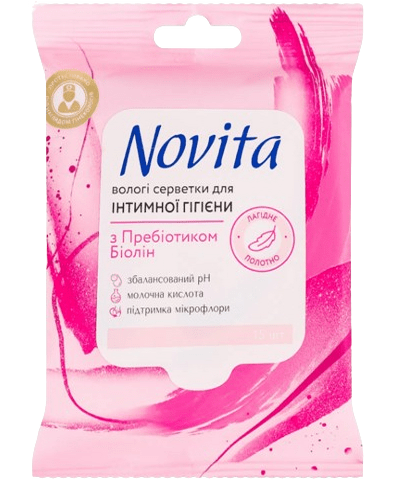 Влажные салфетки Novita для интимной гигиены с прибиотиком Биолин 15 шт. (142)