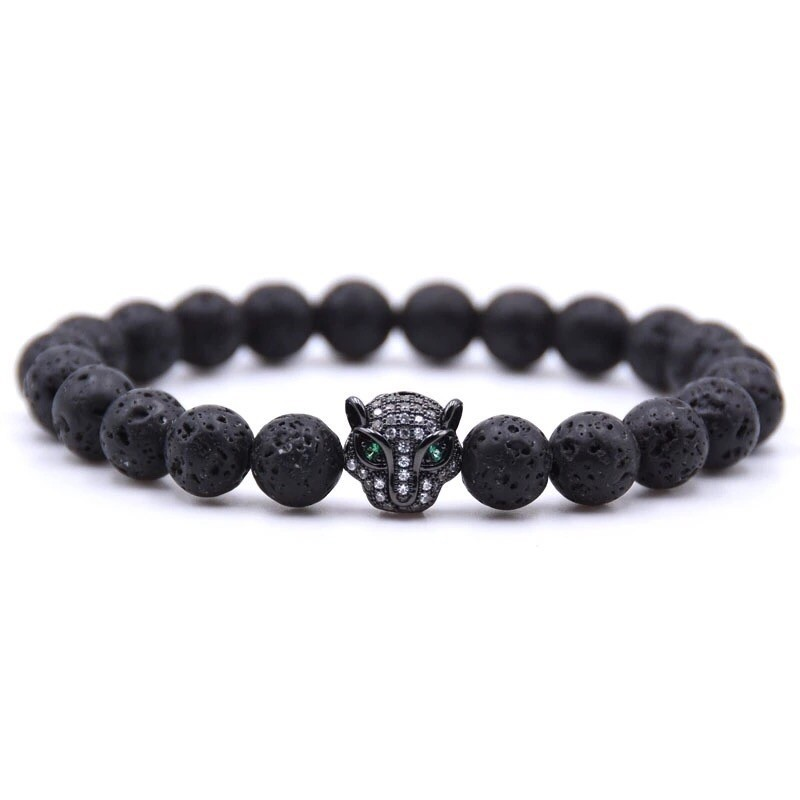 Браслет из лавового камня с пантерой р. 14 Черный (13002)