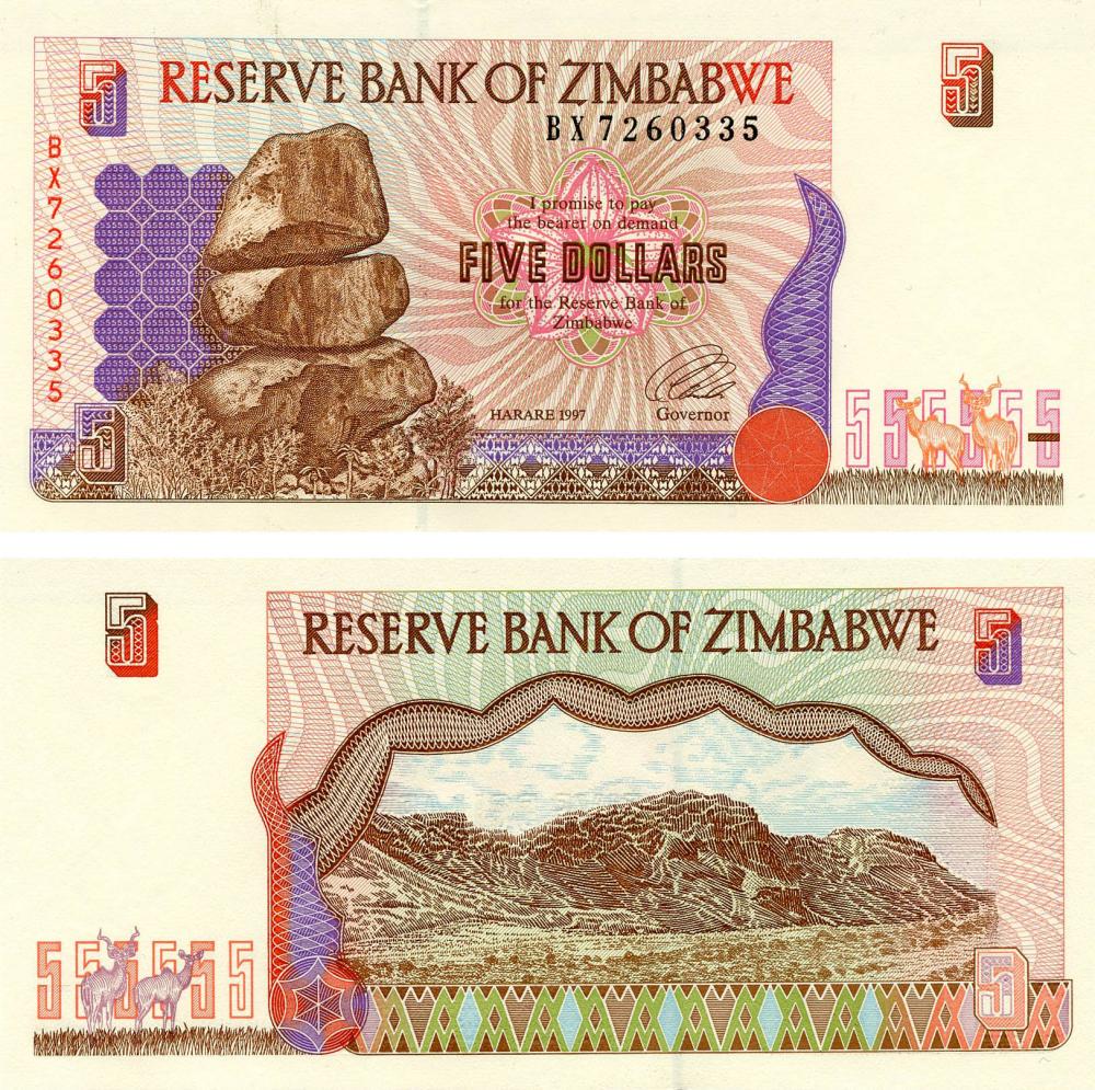 Коллекционная банкнота Зимбабве 5 долларов 1997 UNC P5 (Б13422)