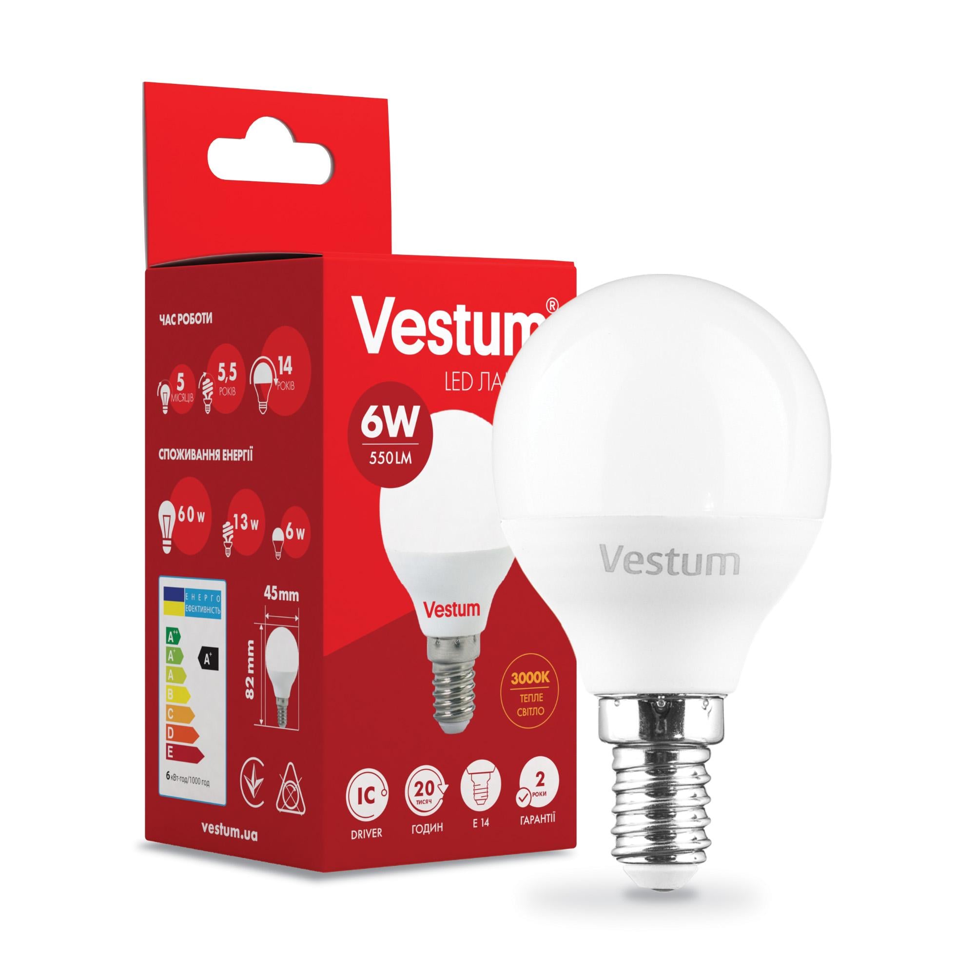 Лампа LED Vestum G45 6 W 3000K 220 V E14