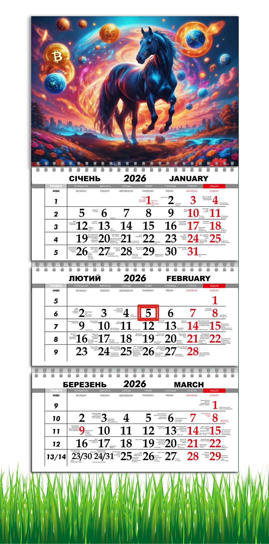 Календарь настенный квартальный на 2026 год APRIORI Символ года Лошадь на 3 пружины 30х61 см (UA4007)