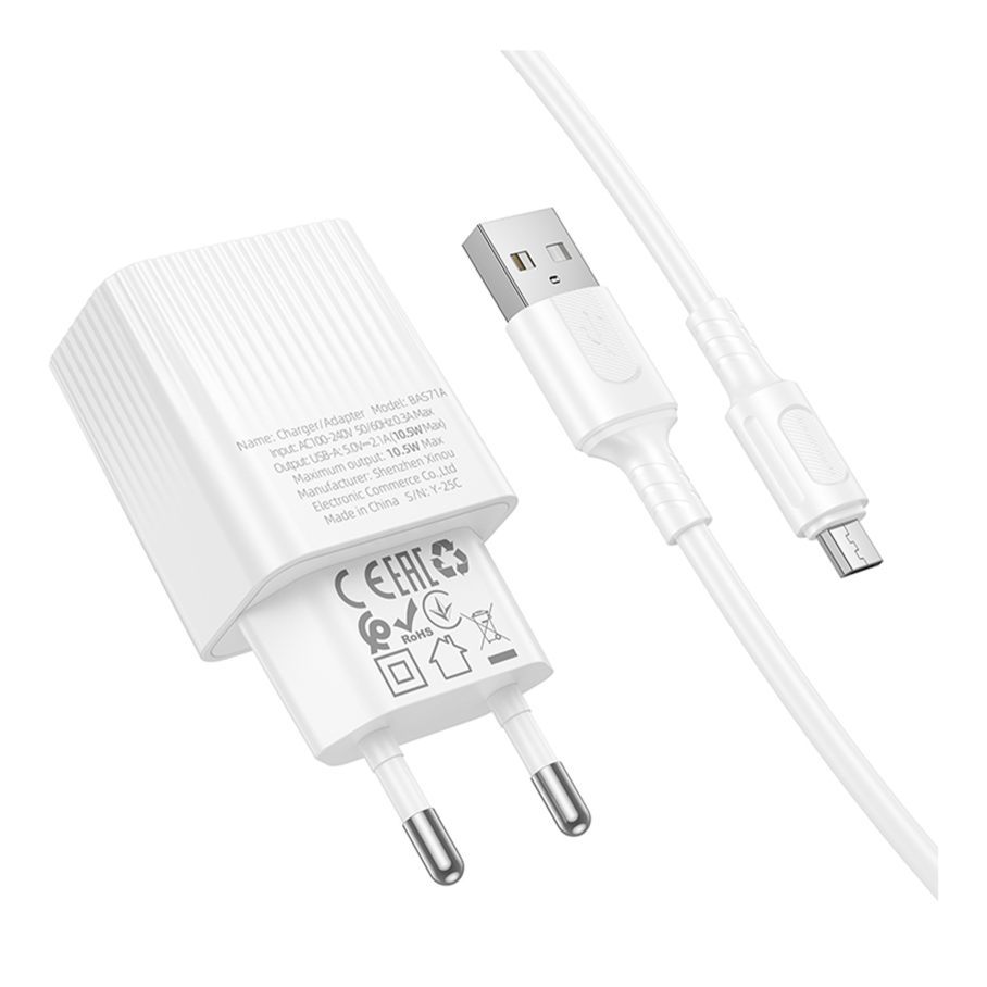 Зарядний пристрій мережевий Borofone BAS71A 1USB 2,1A+USB to Micro Білий (4015)