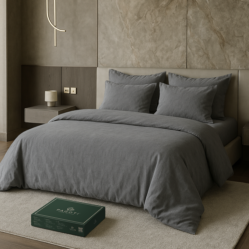 Комплект постільної білизни PAGOTI Natura варена бавовна двоспальний / 4х50х70 см Темно-сірий - фото 1