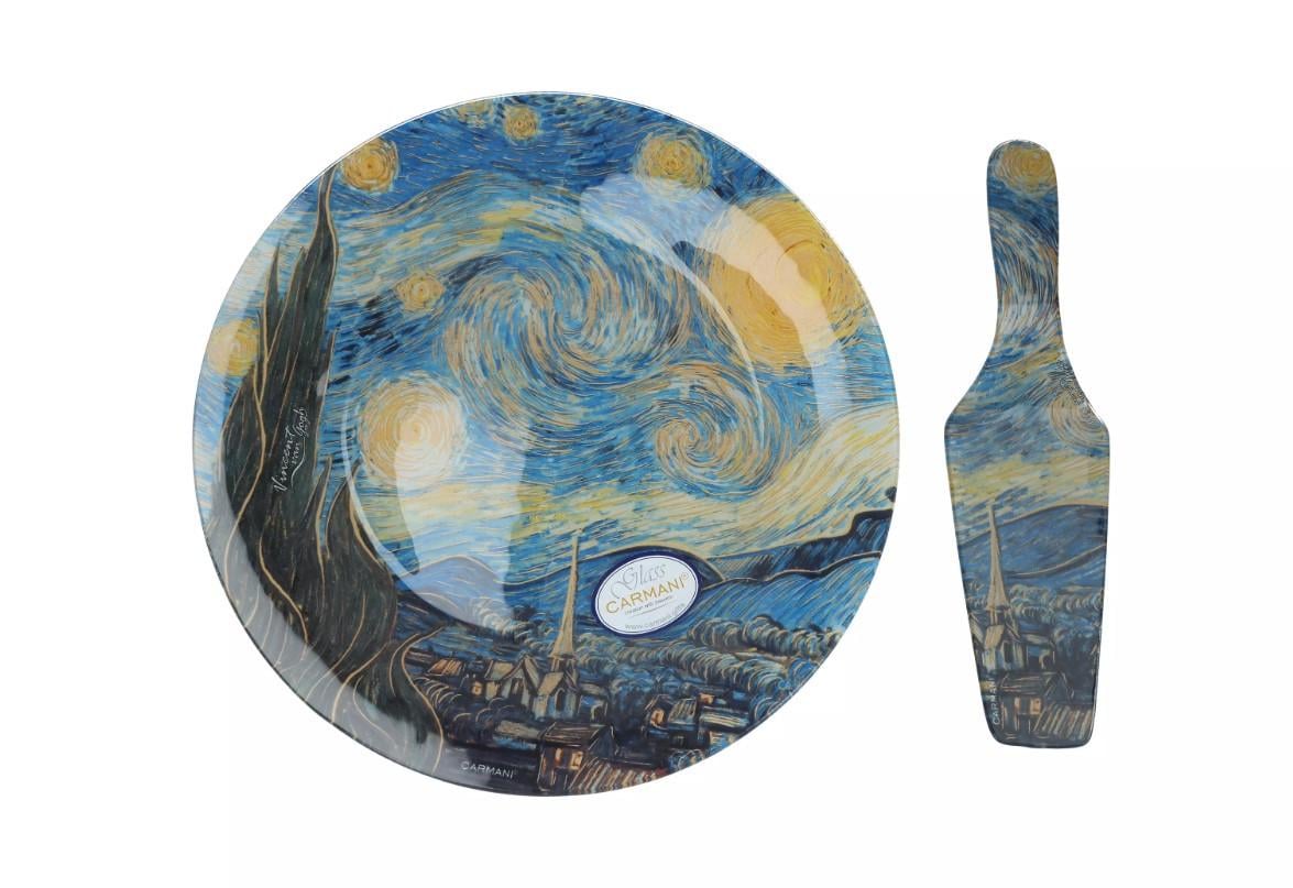 Тарелка стеклянная для торта Саrmanі с лопаткой Ван Гог Звездная ночь d 30 см (198-1224)