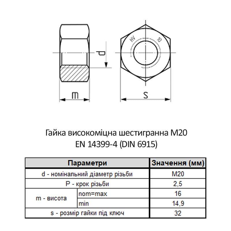 Гайка шестигранная Metalvis M20 EN14399/4 сталь 10 шаг 2,5 под ключ 32 мм без покрытия 50 шт. (6HV0000006HV2000EM) - фото 2