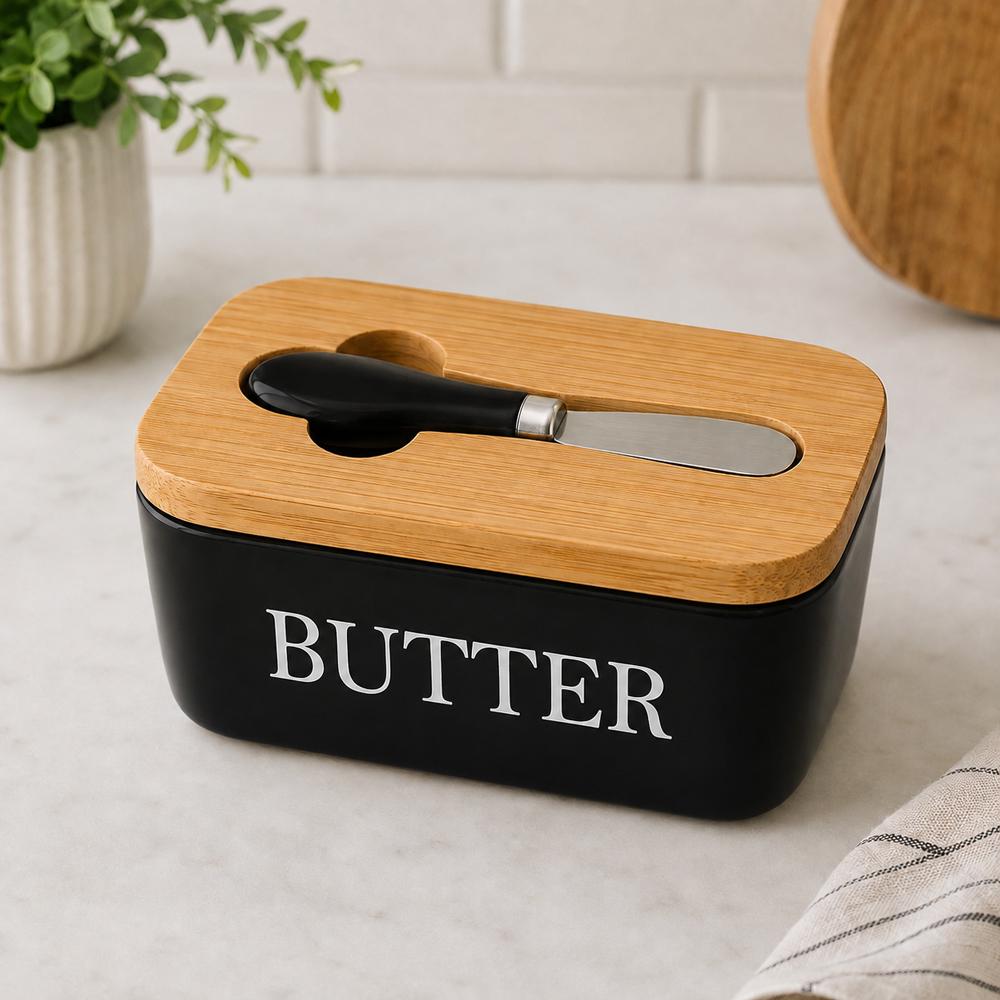 Масленка керамическая для масла с крышкой и ножом Butter 500 мл Черный