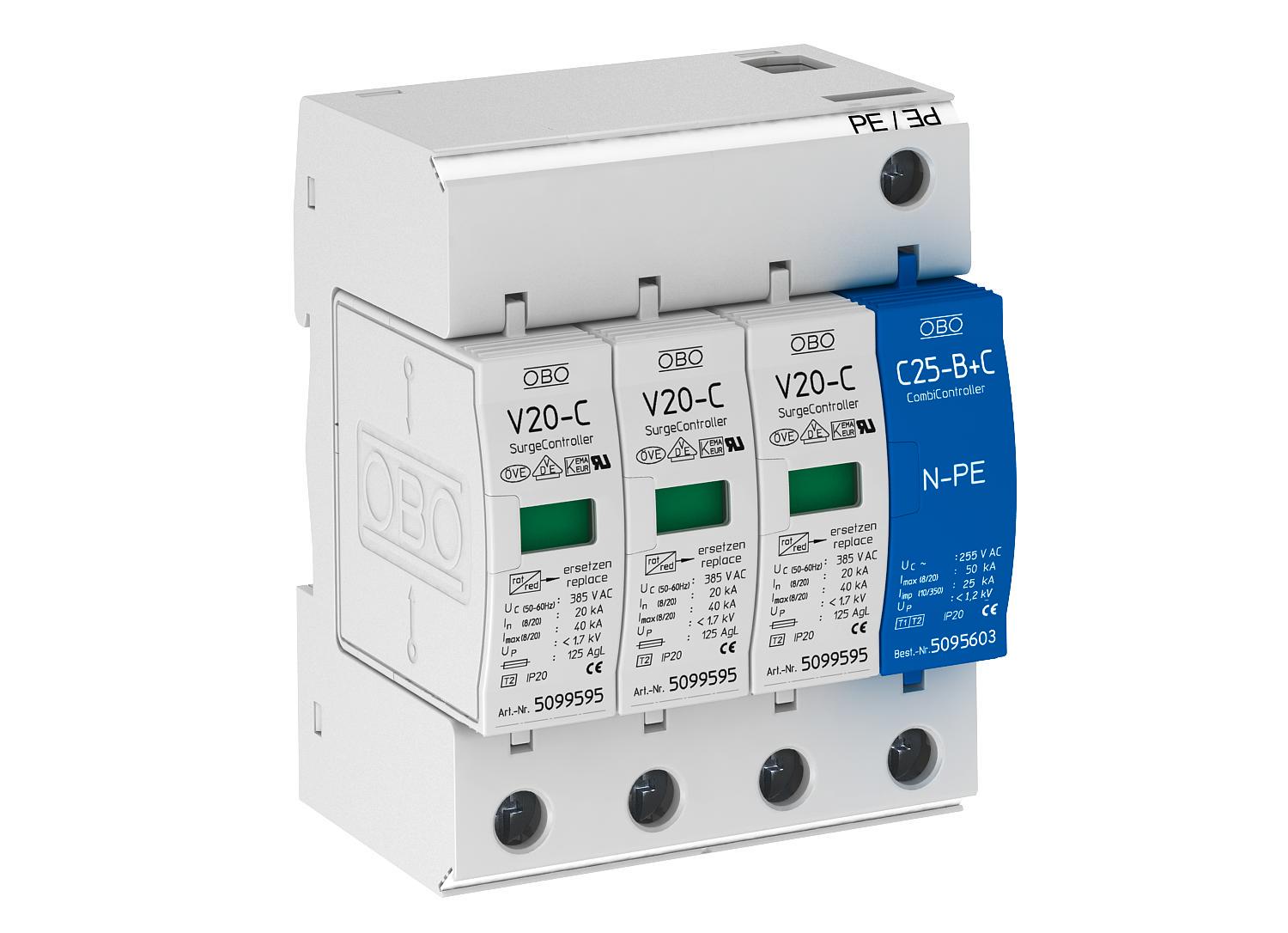 Ограничитель перенапряжения OBO bettermann V20-C 3+NPE-385 3P+N/PE 80кА 385 В класc 2 С (5094668)