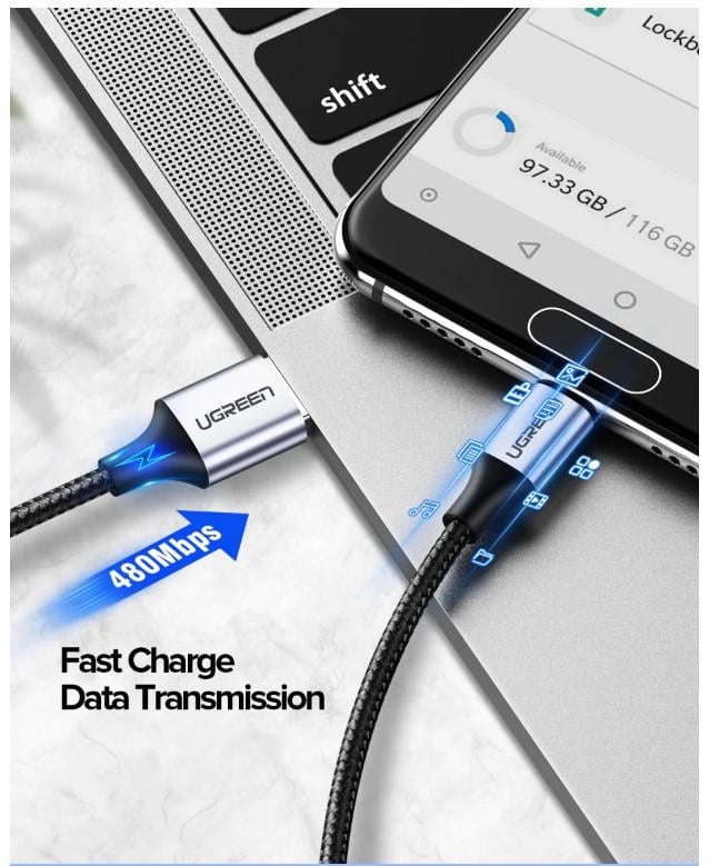Кабель зарядный Ugreen Type-C 3 A с алюминиевым корпусом и нейлоновой оплёткой 1,5 м (US288) - фото 7