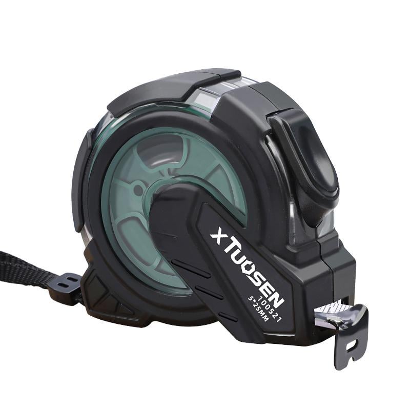 Рулетка измерительная строительная с метрической шкалой с автоматическим замком прорезиненная противоударная 5 м Черно-зеленый