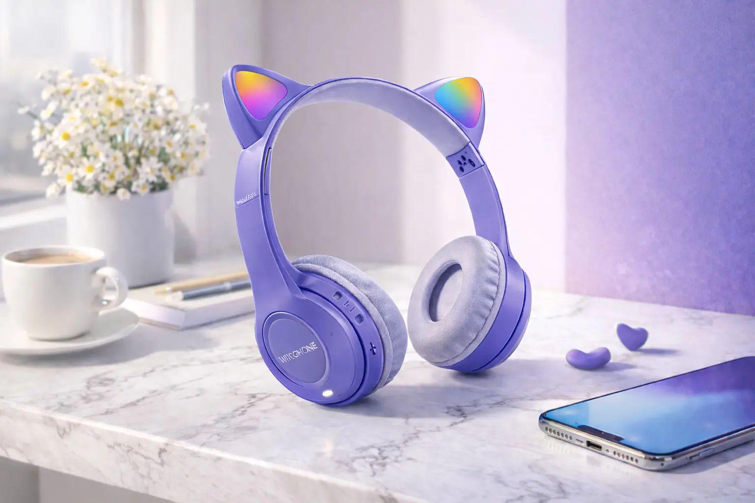 Наушники беспроводные Cat Ear Y47 Led Bluetooth сиреневые (opt-105766)