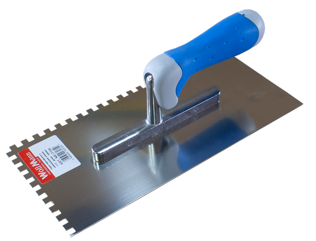 Терка плиточная Woffmann с зубьями 6х6 мм из нержавейки с резиновой ручкой 130х270 мм