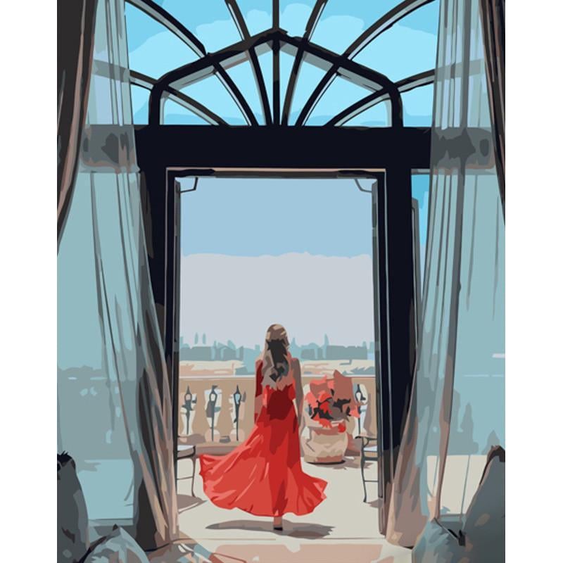 Картина за номерами Strateg Преміум На терасі перед містом з лаком 40х50 см (GS1234)