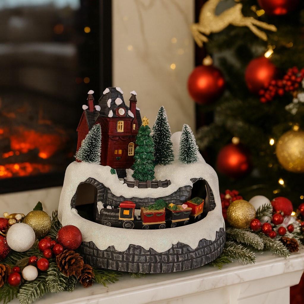 Рождественский орнамент с вращающимся поездом с музыкой и подсветкой/батарейки/USB LightZone (17539)