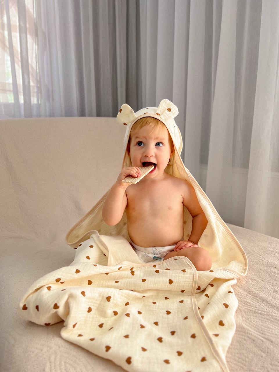 Рушник-конверт з капюшоном муслін Сердечко 85x90 см (24246851) - фото 2 Рушник-конверт з капюшоном муслін Сердечко 85x90 см (24246851) - фото 2