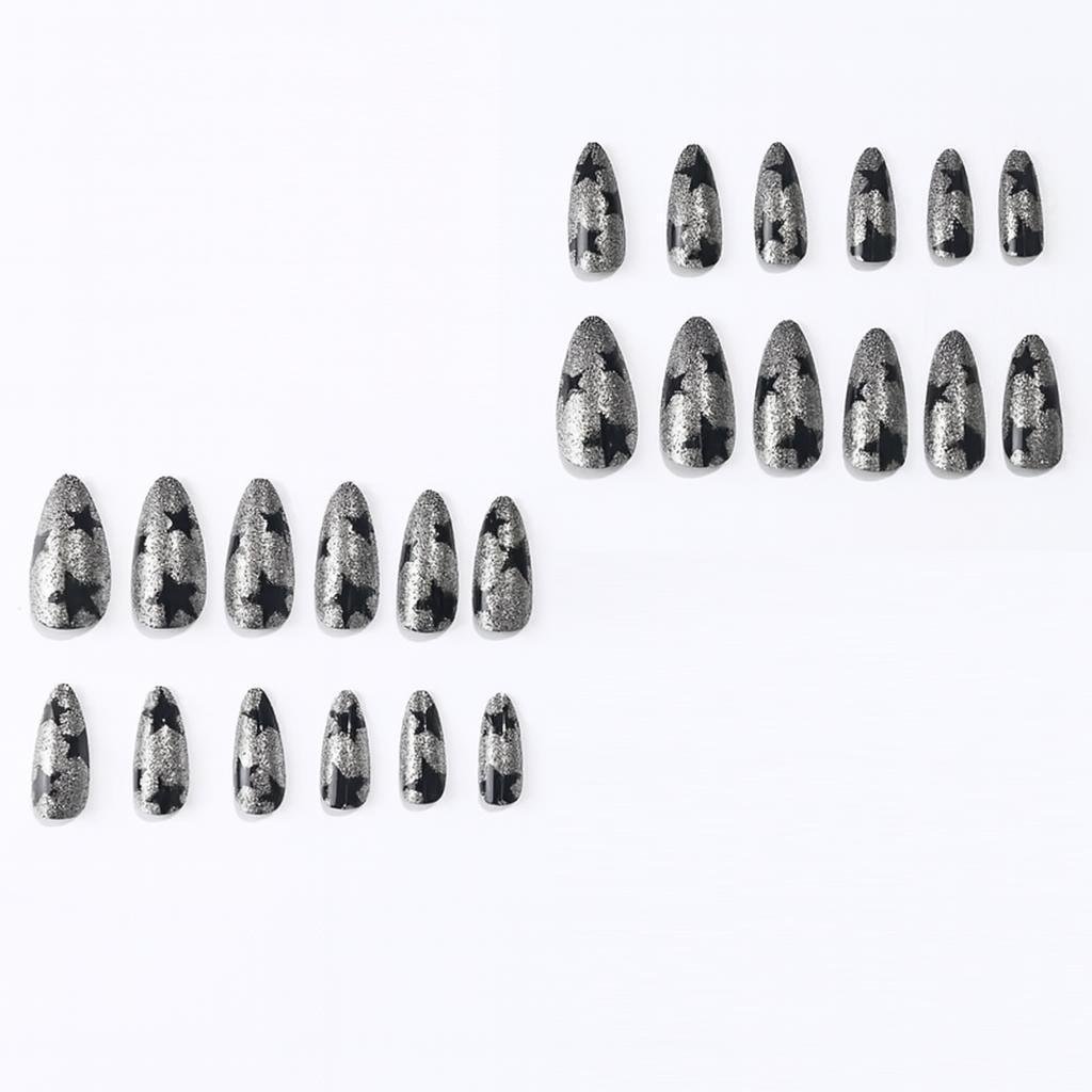 Накладні нігті Чорний Зірки мигдаль середньої довжини із клейовими пластинами 24 шт. Сріблястий (2789190679) - фото 5 Накладні нігті Чорний Зірки мигдаль середньої довжини із клейовими пластинами 24 шт. Сріблястий (2789190679) - фото 5