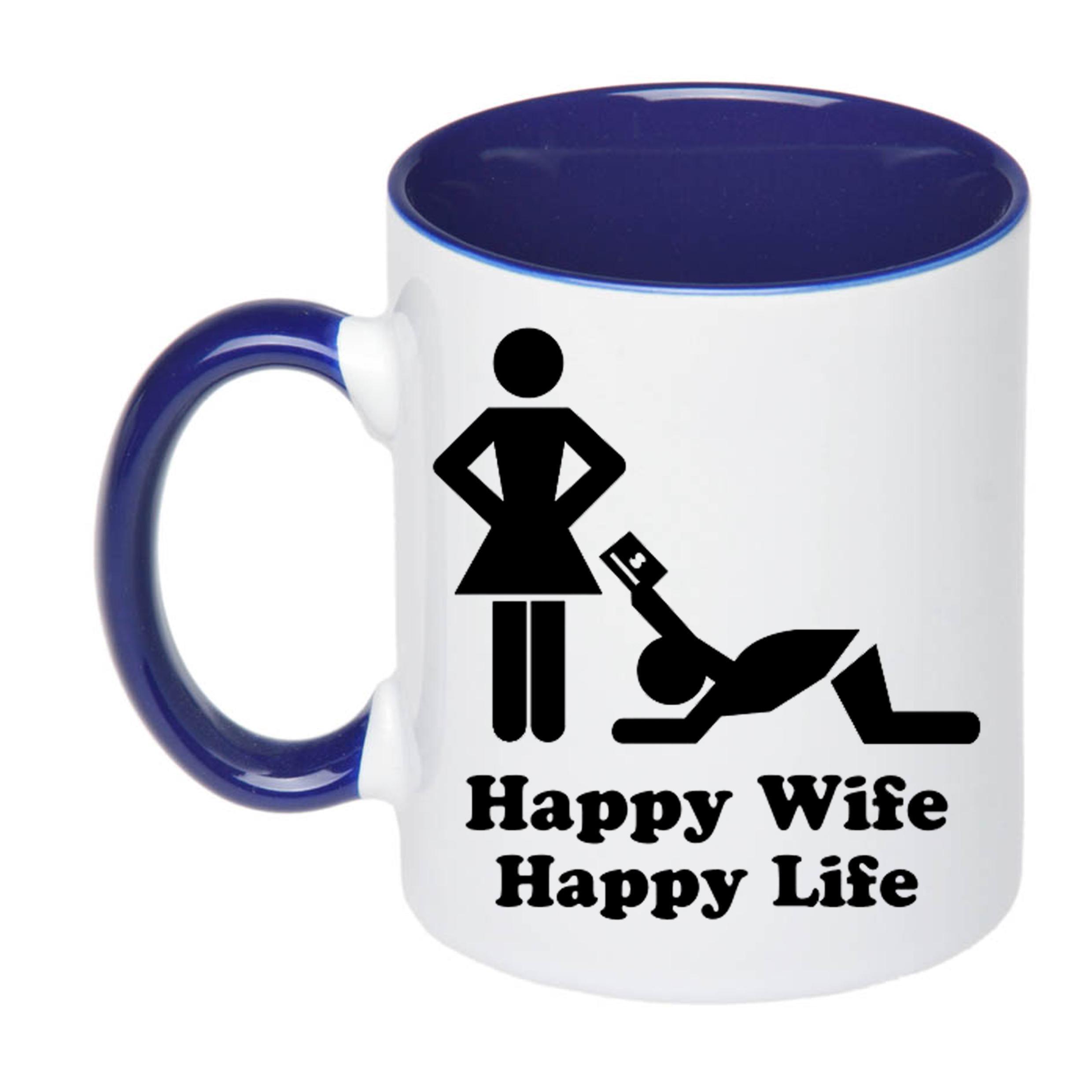 Чашка з друком Happy wife happy life 330 мл Синій (22717) - фото 1 Чашка з друком Happy wife happy life 330 мл Синій (22717) - фото 1