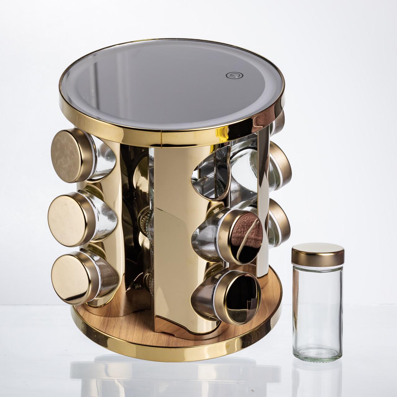 Набір баночок для спецій на підставці з дзеркалом та LED-підсвіткою 12 шт. по 100 мл (HP-1358)