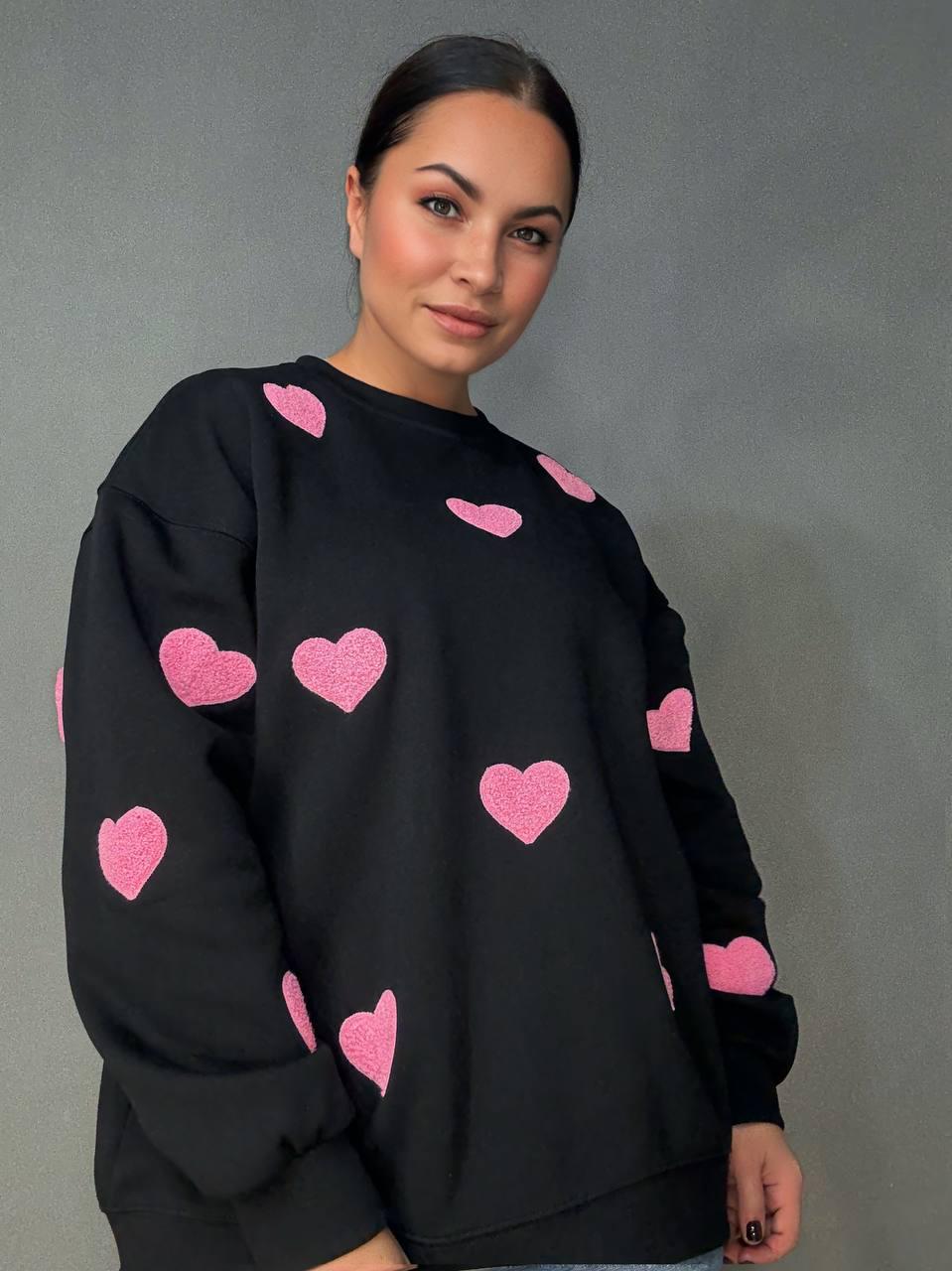 Свитшот женский W 2975 удлиненный махровые сердца OS Черный (2407) - фото 8 Свитшот женский W 2975 удлиненный махровые сердца OS Черный (2407) - фото 8