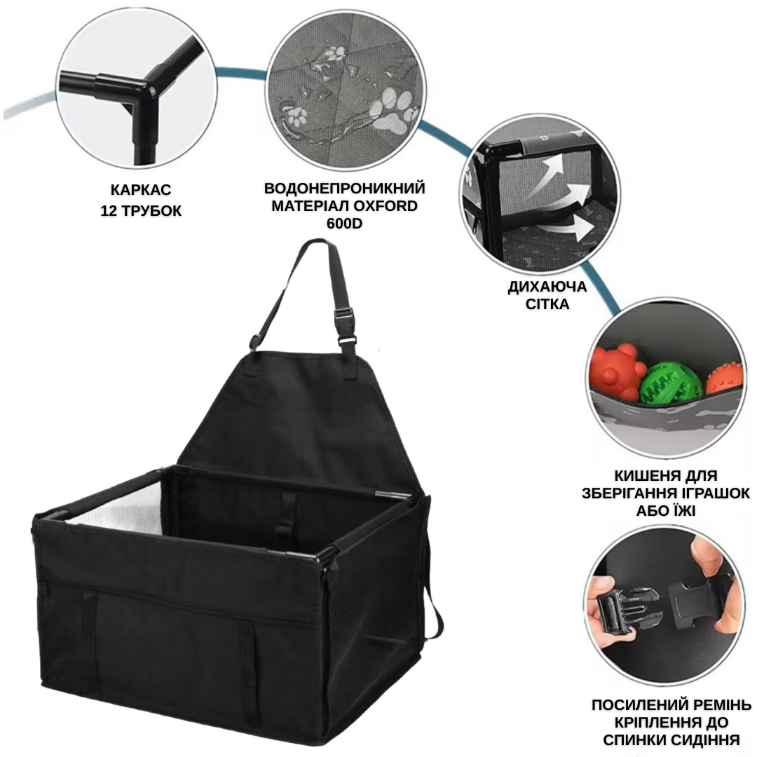 Автопереноска каркасна Zmaker на 12 трубок для дрібних і середніх порід собак в машину 48х39х27 см Чорний - фото 2