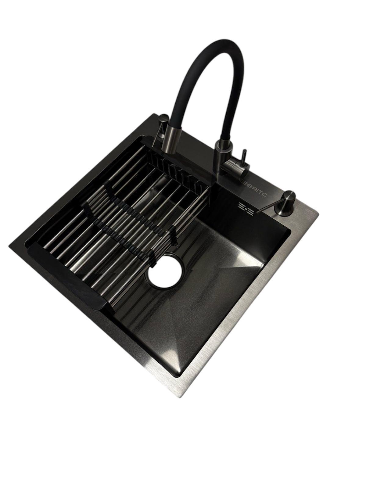 Мойка кухонная Britc 5050 PVD Черный/кран для кухни гибкий из нержавеющей стали Черный