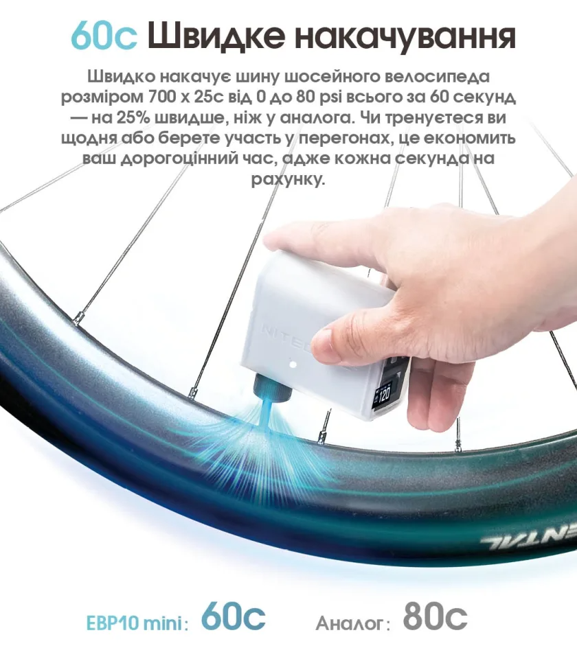 Насос акумуляторний для велосипеда Nitecore EBP10 mini портативний компактний компресор на 120 PSI/8.3 bar (001077) - фото 3 Насос акумуляторний для велосипеда Nitecore EBP10 mini портативний компактний компресор на 120 PSI/8.3 bar (001077) - фото 3