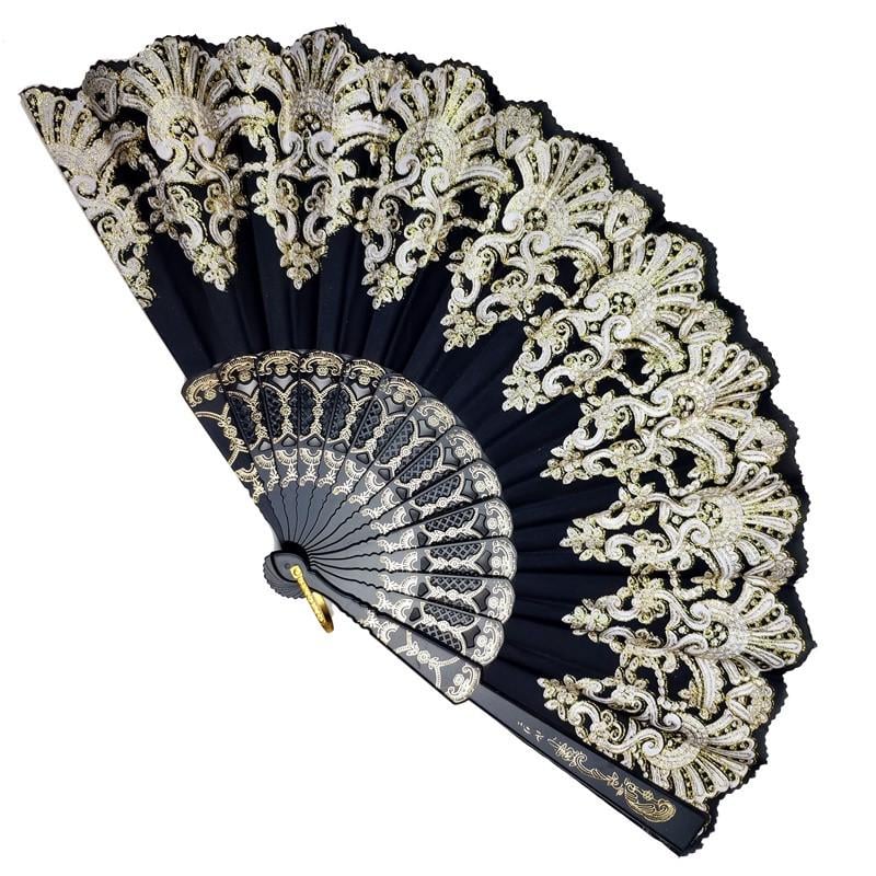 Дамский черный веер с золотистым рисунком (С1079)
