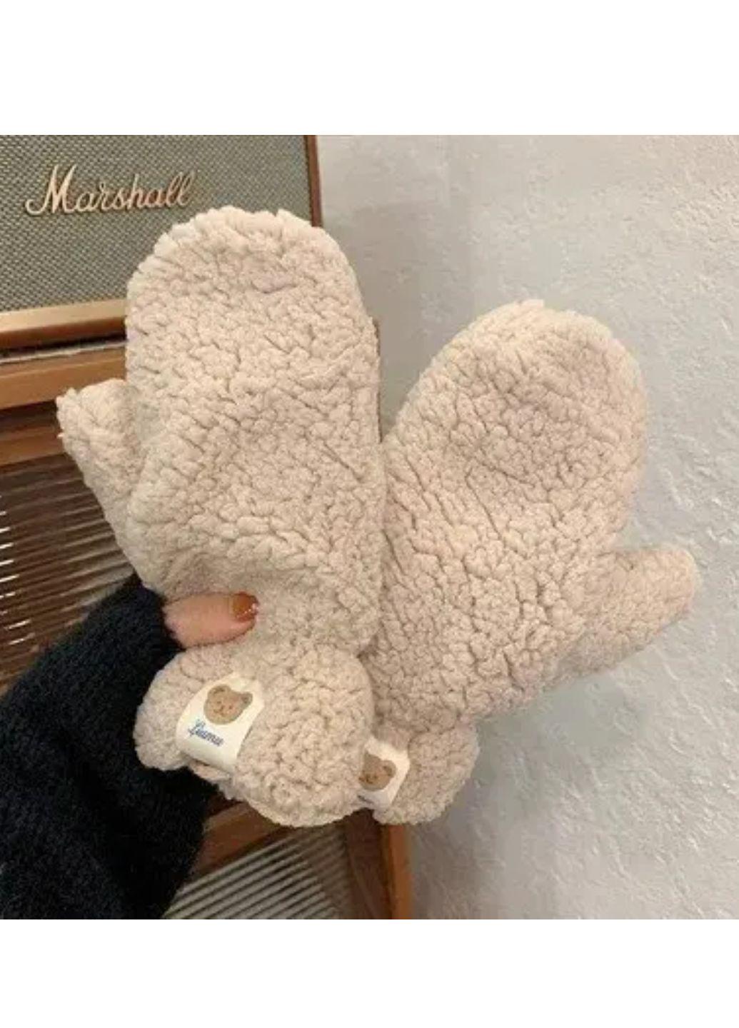 Рукавички хутряні Тедді з лейбою Бежевий (3525-1)