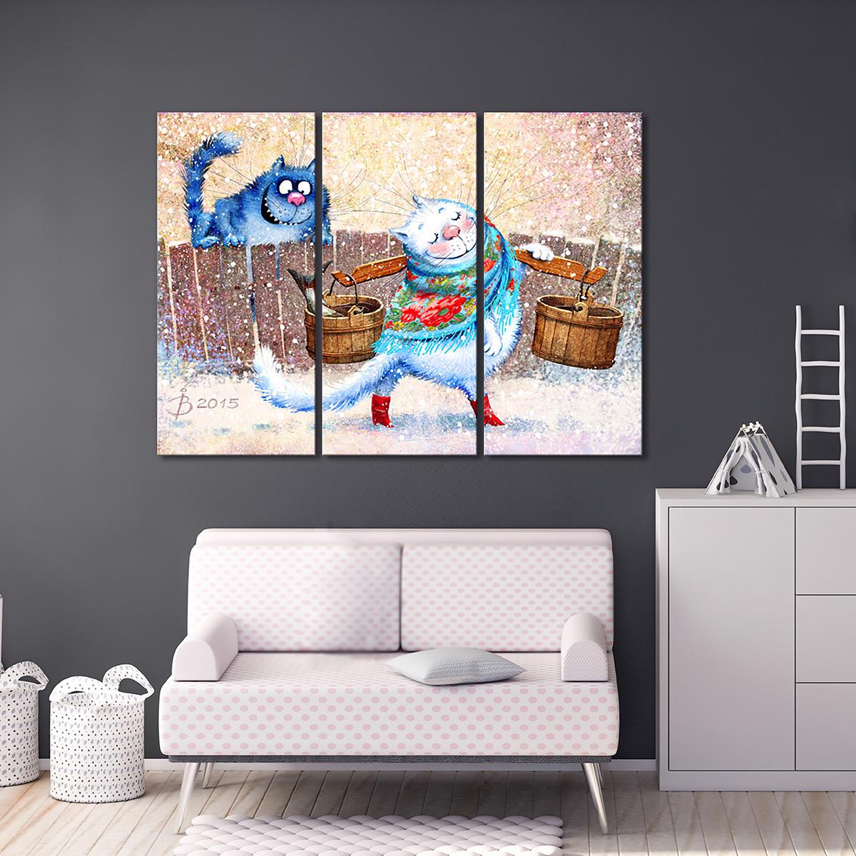 Модульная картина Кошечка с коромыслом 3 модуля 50x75 см