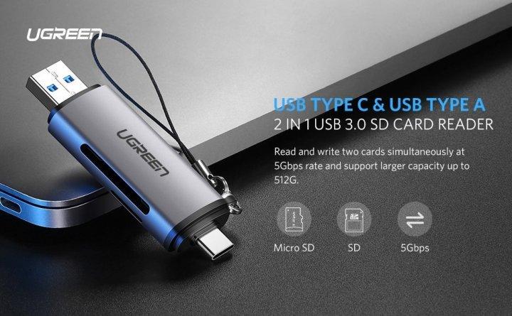 Кардидер 2в1 Ugreen CM185 50706 USB-A USB-C TF/SD Серый - фото 4