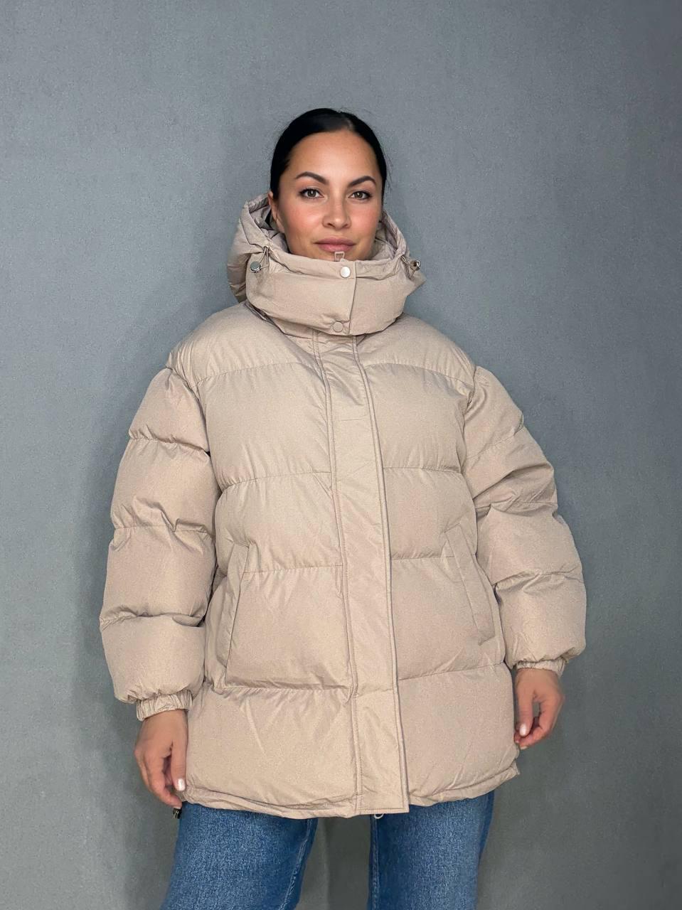 Куртка женская LADY YEP 10008 длинная оверсайз пуффер с капюшоном р. 42 Бежевый (5516)