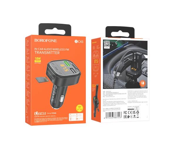 Модулятор автомобільний FM Borofone BC43 Flash QC3.0 car BT FM Black - фото 2