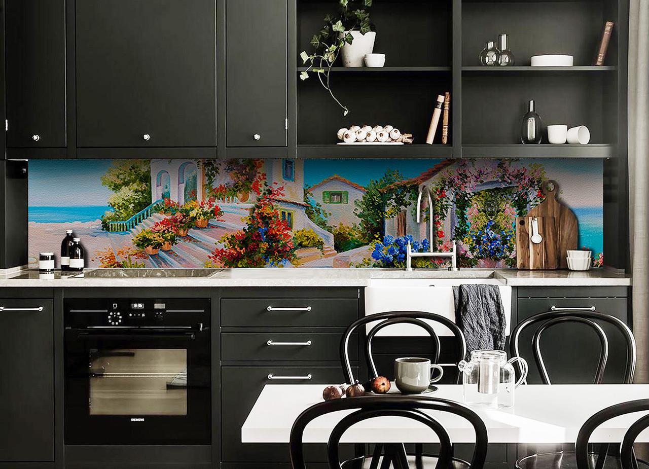 Кухонный фартук Домик у моря лето из самоклеющейся виниловой пленки 60х250 см Голубой