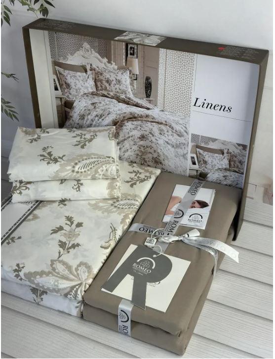Комплект постільної білизни Linens Вензель поплін Євро Бежевий (Linens1)